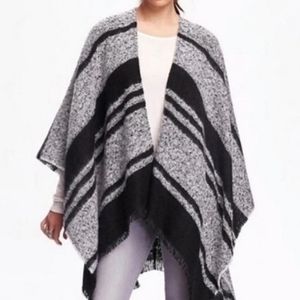 Striped Gray Black Frayed Hem Poncho